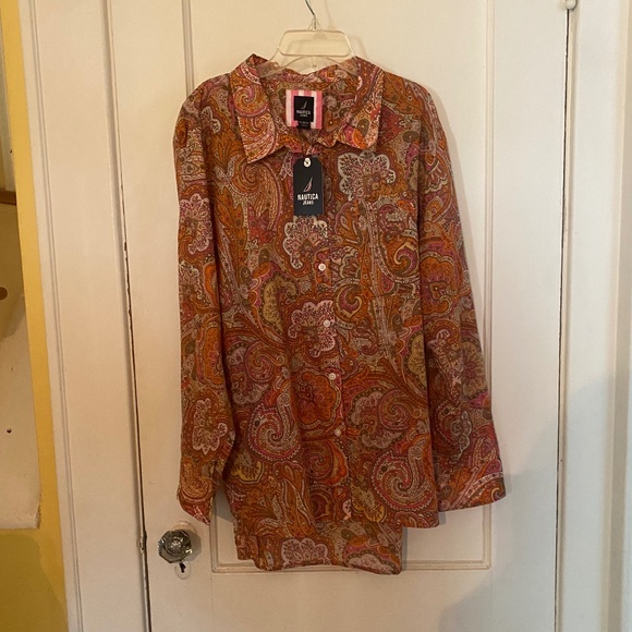 Nautica Jeans Women's Cotton Paisley-Print Buttoned-Cuff Shirt - Picture 1 of 8